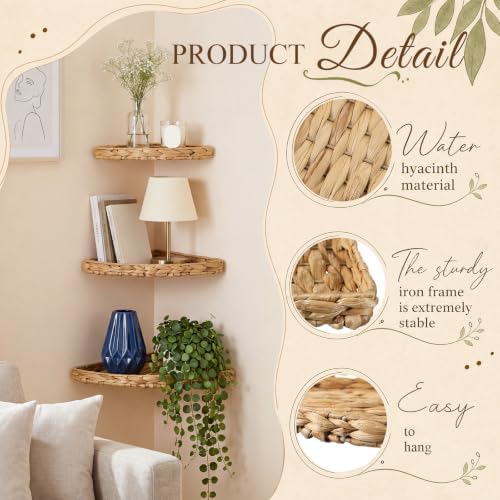 Set of 3 Wicker Floating Corner Shelf Boho Wall Decor - Image 3