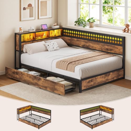 Full Corner Bed Frame with Storage Drawers, Charging Station by PIXOURA
