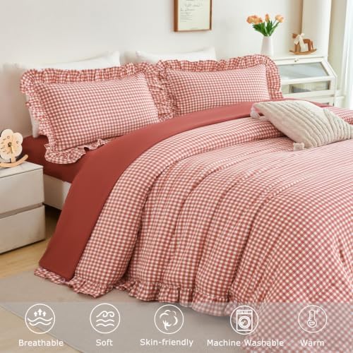 Red Gingham Queen Comforter Sets 5 Pcs Vintage Ruffled Bedding Set - Image 5