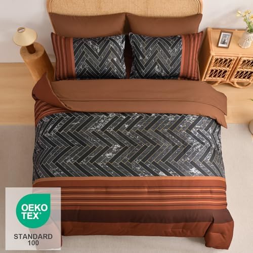 Burnt Orange Comforter Set Queen Size, 7 Pieces Striped Bed in a Bag - Image 3