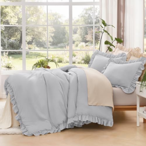 Litanika Queen Comforter Set, 3 Pieces Light Grey Ruffle Bedding Set - Image 4