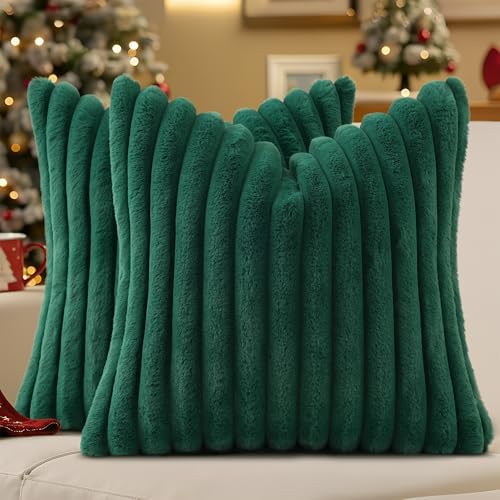 decorUhome Faux Fur Throw Pillow Covers 26X26 Set of 2 Christmas Green by decorUhome