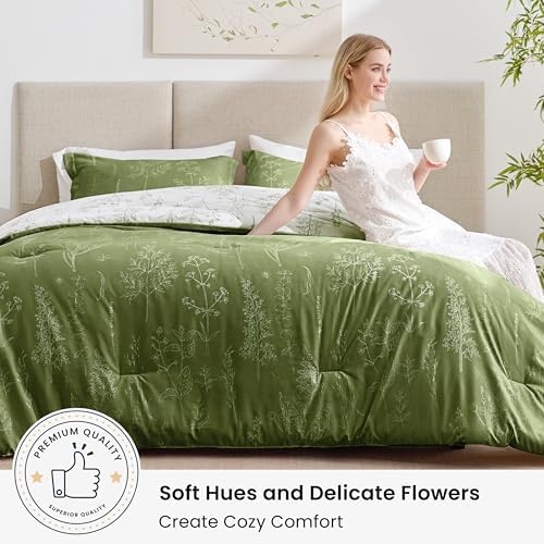 Love's cabin Floral Comforter Set Cute Bedding Queen Reversible Olive Green - Image 2