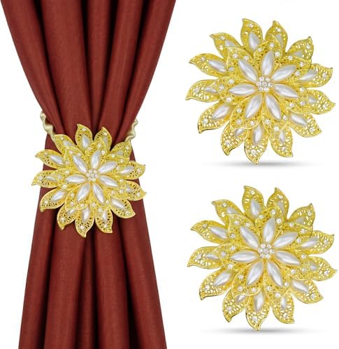 2 Pack Gold Pearl Flower Curtain Tiebacks Window Holdback Buckles by Mikomer
