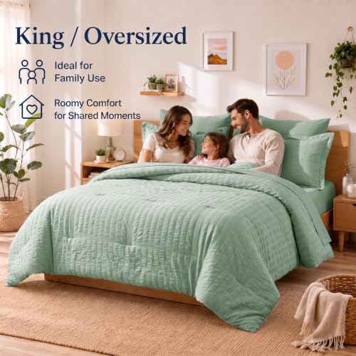 CozyLux California King Comforter Set, Sage Green Seersucker Bed in a Bag - Image 6