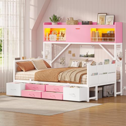 Full Storage Daybed with High Bookcase & 6 Drawers, Corner Bed Frame Pink by MSMASK