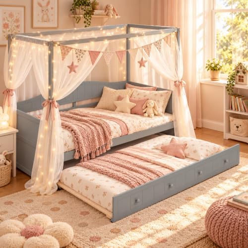 Merax Twin Canopy Daybed with Twin Trundle, Wooden Frame - Image 5