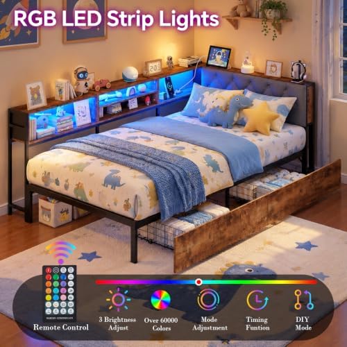 Twin Corner Bed Frame with Storage Drawers, Charging Station, LED Lights - Image 5
