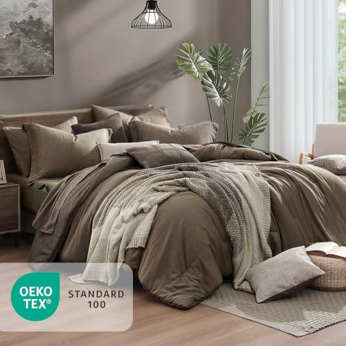 Monbix Full Size Comforter Set 7 Pieces Taupe Grey Bed in a Bag - Image 4