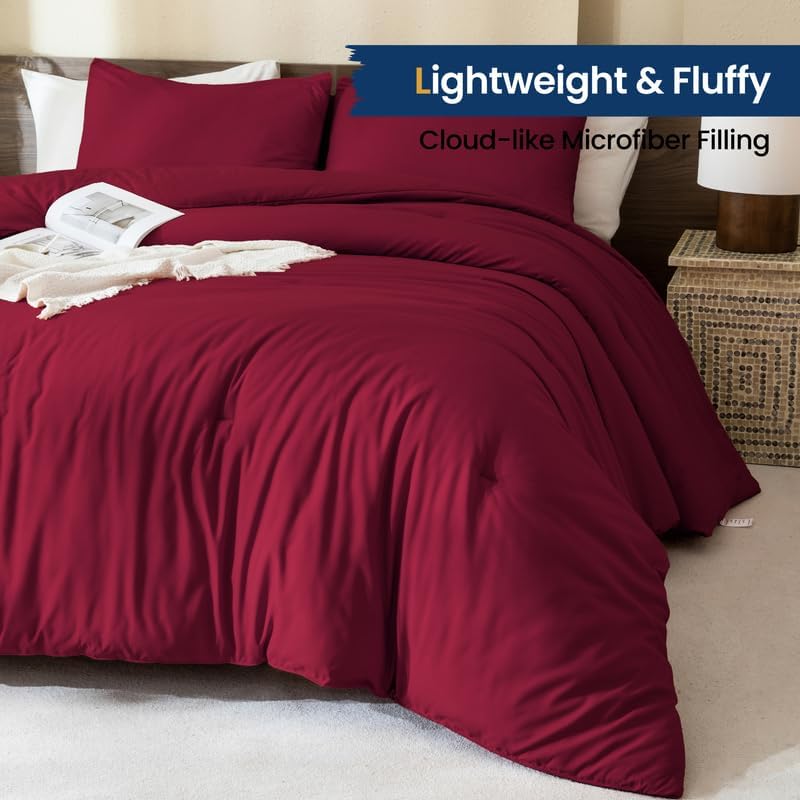 Paxrac Burgundy King Size Comforter Set, 3 Pieces Lightweight Solid Bedding Set - Image 3
