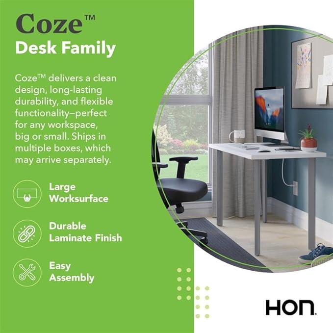 HON Coze Home Office Desks, Sturdy Table Computer Desk, 54", White Top, White Base