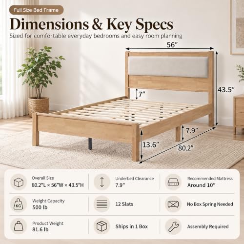 Full Bed Frame with Upholstered Headboard, Wooden Platform Bed - Image 2