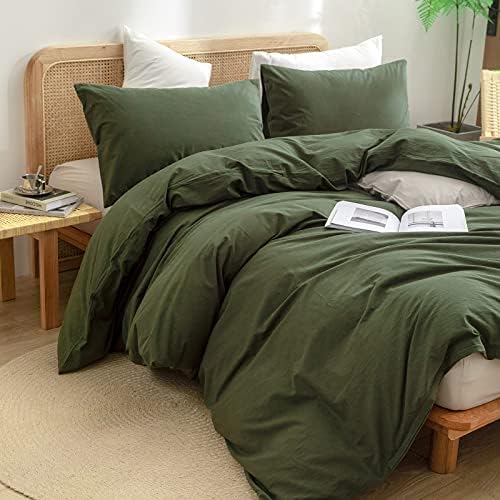 BESTOUCH Cotton Solid Duvet Cover Set Linen Feel Olive Green Queen - Image 5