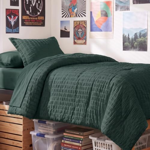 CozyLux Twin XL Comforter Set 5 Pieces Forest Green Seersucker Bed in a Bag by CozyLux