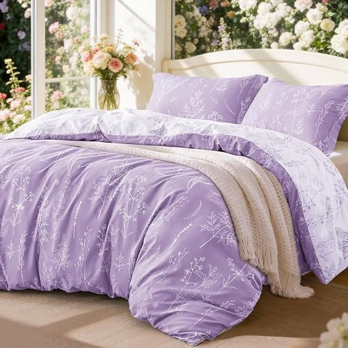 Love's cabin Floral Comforter Set Cute Bedding Queen Reversible Lavender by Lovescabin