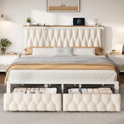 Decofy King Bed Frame with 2 Storage Drawers, Upholstered Platform Bed Frame by Decofy