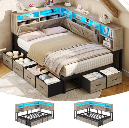 Twin Corner Bed Frame with Bookcase Headboard and Hidden Storage, Twin Daybed by VIAGDO