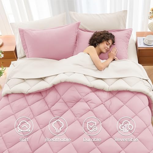 King Comforter Set 7 Pieces, Reversible Bed in a Bag, Light Pink/Ivory - Image 6