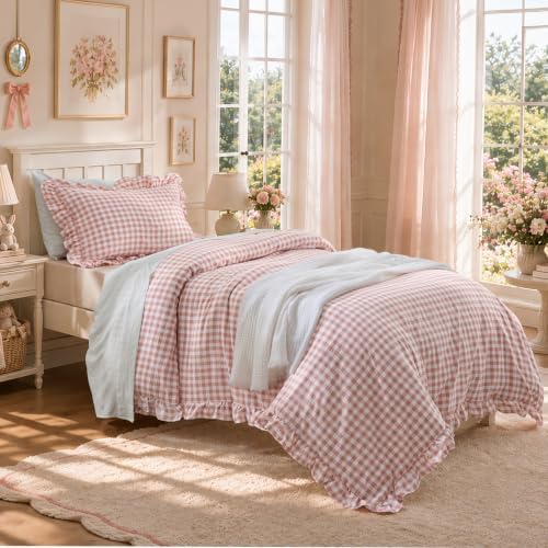Bedsure Gingham Ruffle Duvet Cover Set, Cotton-Like Quilt Cover - Image 2