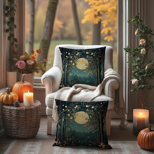 Rustic William Morris Inspired Night Moon Forest Decor Pillow Covers 18x18 Set - Image 3