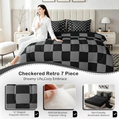 Checkered Retro Comforter Set Full Size 7 Pieces Black Grey Plaid Bedding Set - Image 5
