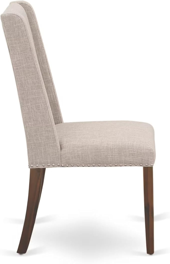 NEFL7-AWA-04-7-Piece Dining Table Set Includes a Rectangular Table and 6 Light Tan Linen Fabric Kitchen Chairs with Padded Chair Back - Antique Walnut Finish.