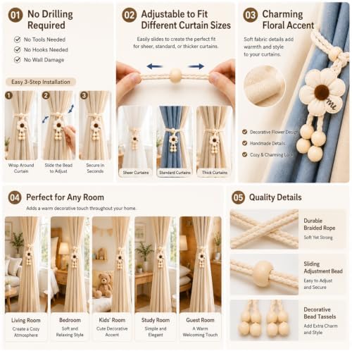 Brown Flower Curtain Tiebacks 2 Pack, Adjustable No-Drill Curtain Ties - Image 3