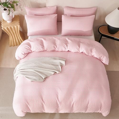 Pink Comforter Set Queen Size Grid 100% Soft Washed Microfiber Jacquard 3 - Image 3