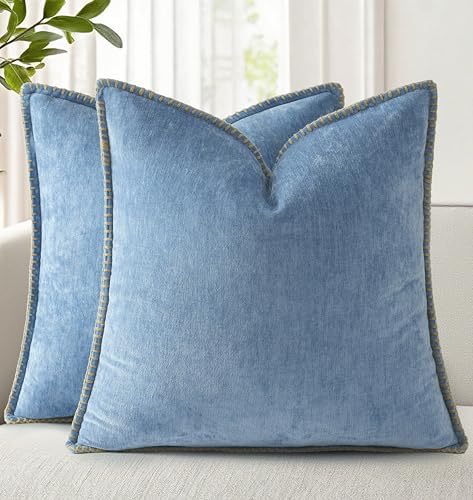 decorUhome Soft Chenille Throw Pillow Covers 18x18 Set of 2 Blue by decorUhome