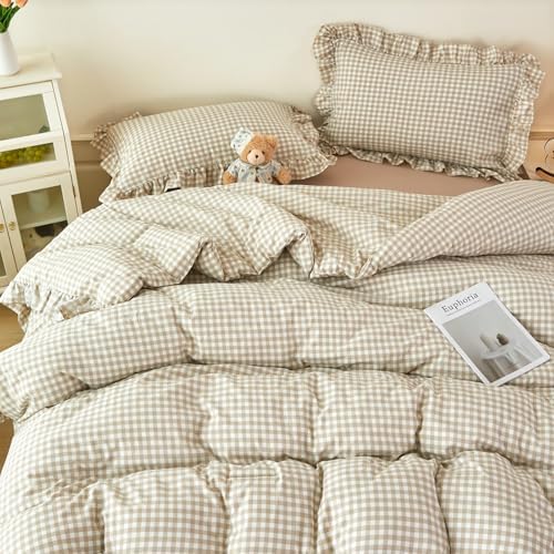5Pcs King Gingham Comforter Sets Tan Ruffle Checkered Bedding - Image 2