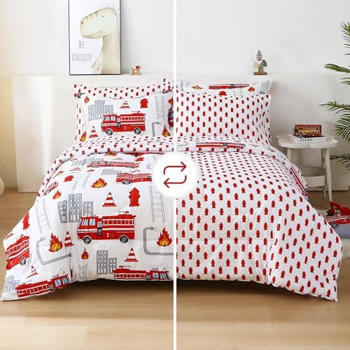 Kids Twin Comforter Sets for Boys 6 Pieces Fire Truck White Bedding Set for - Image 3