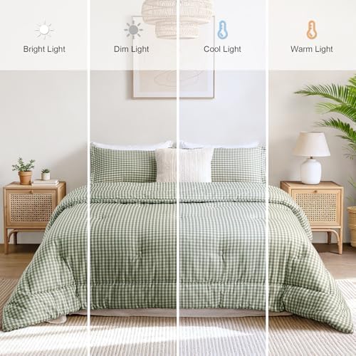 King Comforter Set, Fluffy Green Gingham Plaid Bedding, 3 Pieces - Image 6