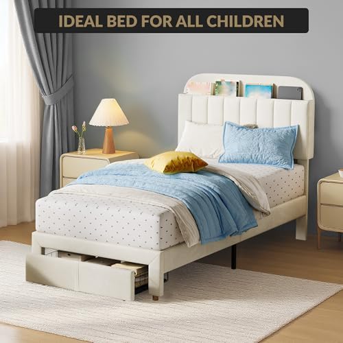 Beige Twin Kids Upholstered Platform Bed - Image 7