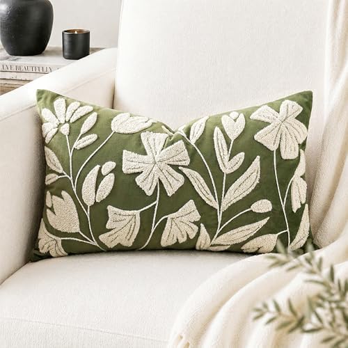 BlissBlush Decorative Lumbar Pillow Cover 12x20 Inch, Olive Green Floral Tufted by BlissBlush