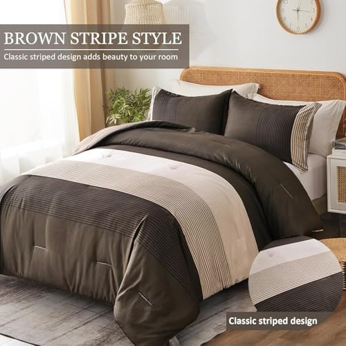 WONGS BEDDING Brown Comforter Set Full, Reversible Brown Stripe Patchwork Down - Image 2
