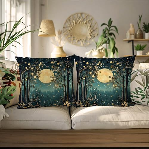 Rustic William Morris Inspired Night Moon Forest Decor Pillow Covers 18x18 Set - Image 4