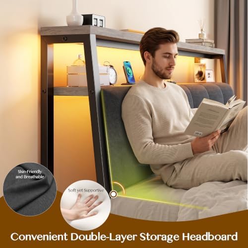 King Bed Frame with Upholstered Headboard & Charging Station - Image 3