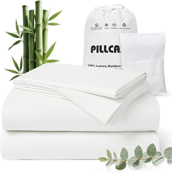 100% Bamboo Viscose & Lyocell Tencel Sheets Set Queen Size, Cooling & Silky Soft by Pillcase