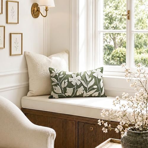 BlissBlush Decorative Lumbar Pillow Cover 12x20 Inch, Olive Green Floral Tufted - Image 5