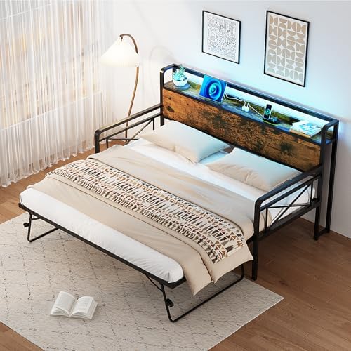VINGLI Twin Daybed with Pop Up Trundle, USB Charging Port, Industrial Brown - Image 7