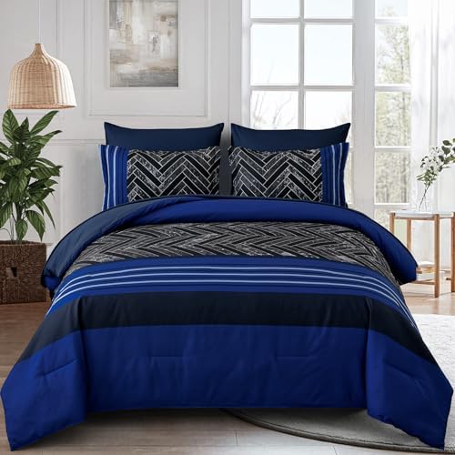 Luxudecor Blue Comforter Set Queen Size, 7 Pieces Stripe Geometric Bed in a Bag by Luxudecor