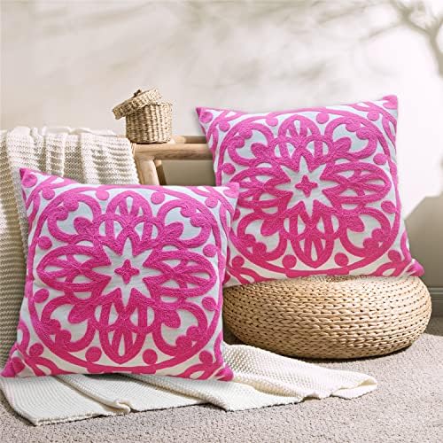 Alysheer Boho Embroidered Throw Pillow Cover 18"x18" Set of 2, Hot Pink - Image 2