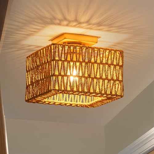 Rpzloila Rattan Ceiling Light, Square Flush Mount Ceiling Light - Image 2