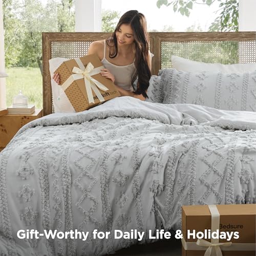 Bedsure Tufted Boho Comforter Set Twin, Bedroom Decor Bedding Set Light Grey - Image 4