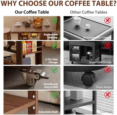 Expandable Coffee Table with Hidden Storage and Adjustable Shelves Walnut - Image 5