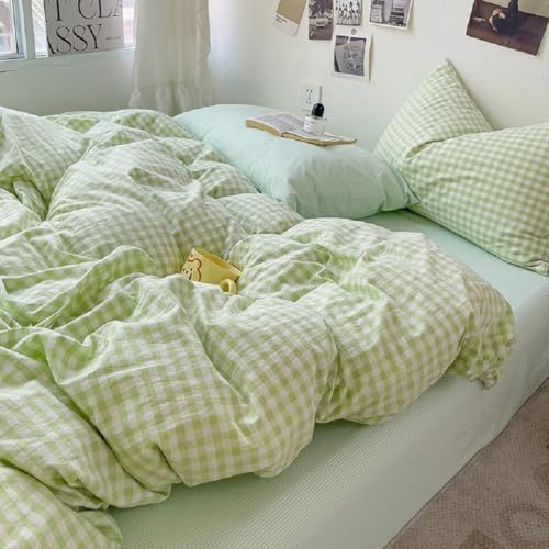 LifeTB Green Gingham Comforter Set King 3 Pieces Green Plaid Grid Bedding by LIFETB