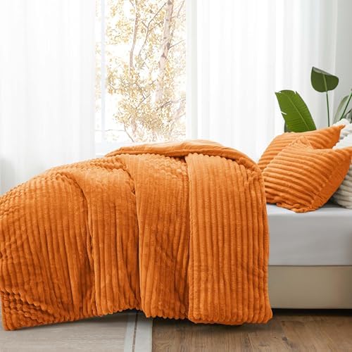 BEDELITE Fleece California King Comforter Set, Fluffy Bed Set, Burnt Orange - Image 2