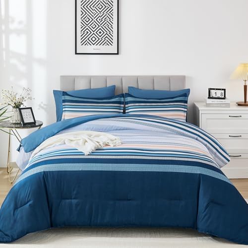 Dobuyly Blue Comforter Full Size Set 7 Piece, Boho Striped Bed in a Bag Full - Image 2