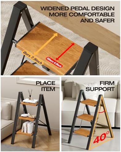 Taranta 3 Step Stool Foldable, Aluminum Step Ladder-BlackWoodgrain - Image 6