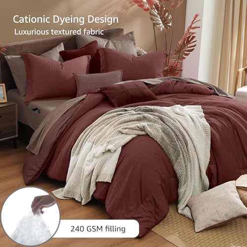 Monbix Queen Comforter Set 7 Pieces Cationic Dyeing Dark Red Bed in a Bag - Image 3